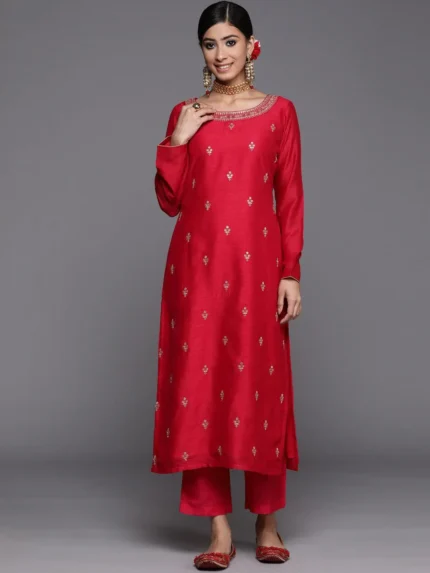 Magenta Solid Silk Straight Kurta