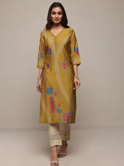 Mustard Floral Printed Silk Blend Straight Kurta