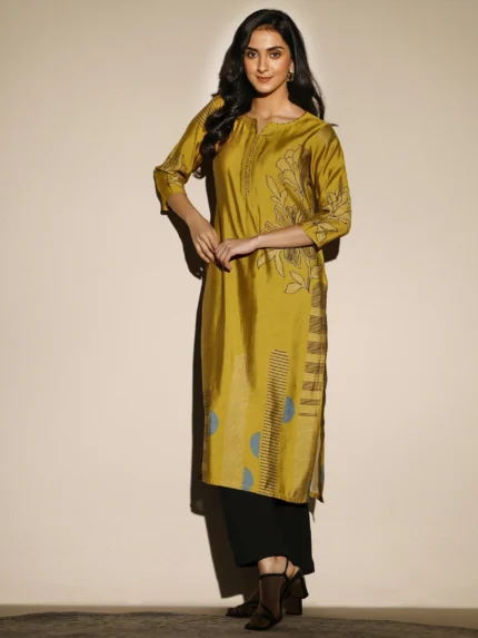 Mustard Printed Silk Blend Straight Kurta