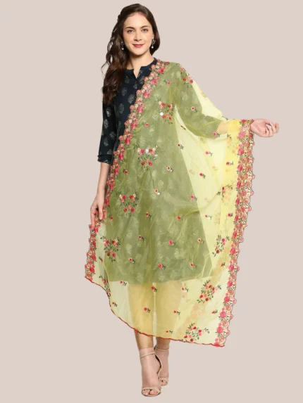 Organza Dupatta with Multicolor Floral Embroidery