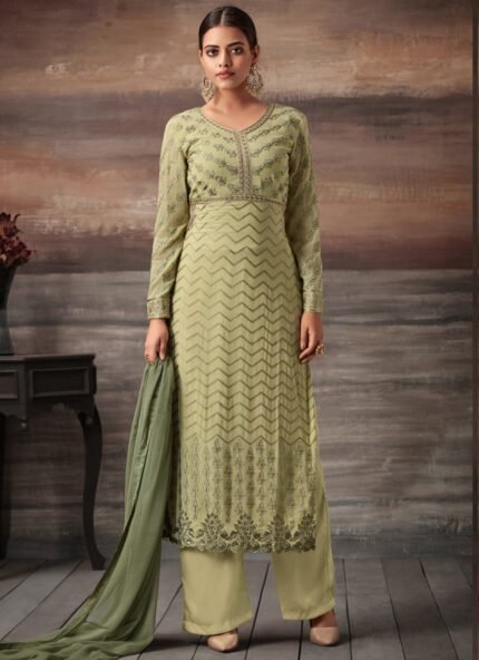 Beige Georgette Embroidered Straight Cut Suit Glamour
