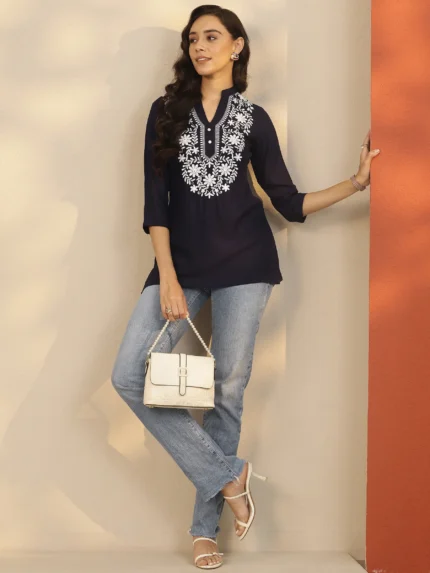 Navy Blue Yoke Design Rayon Straight Short Kurti